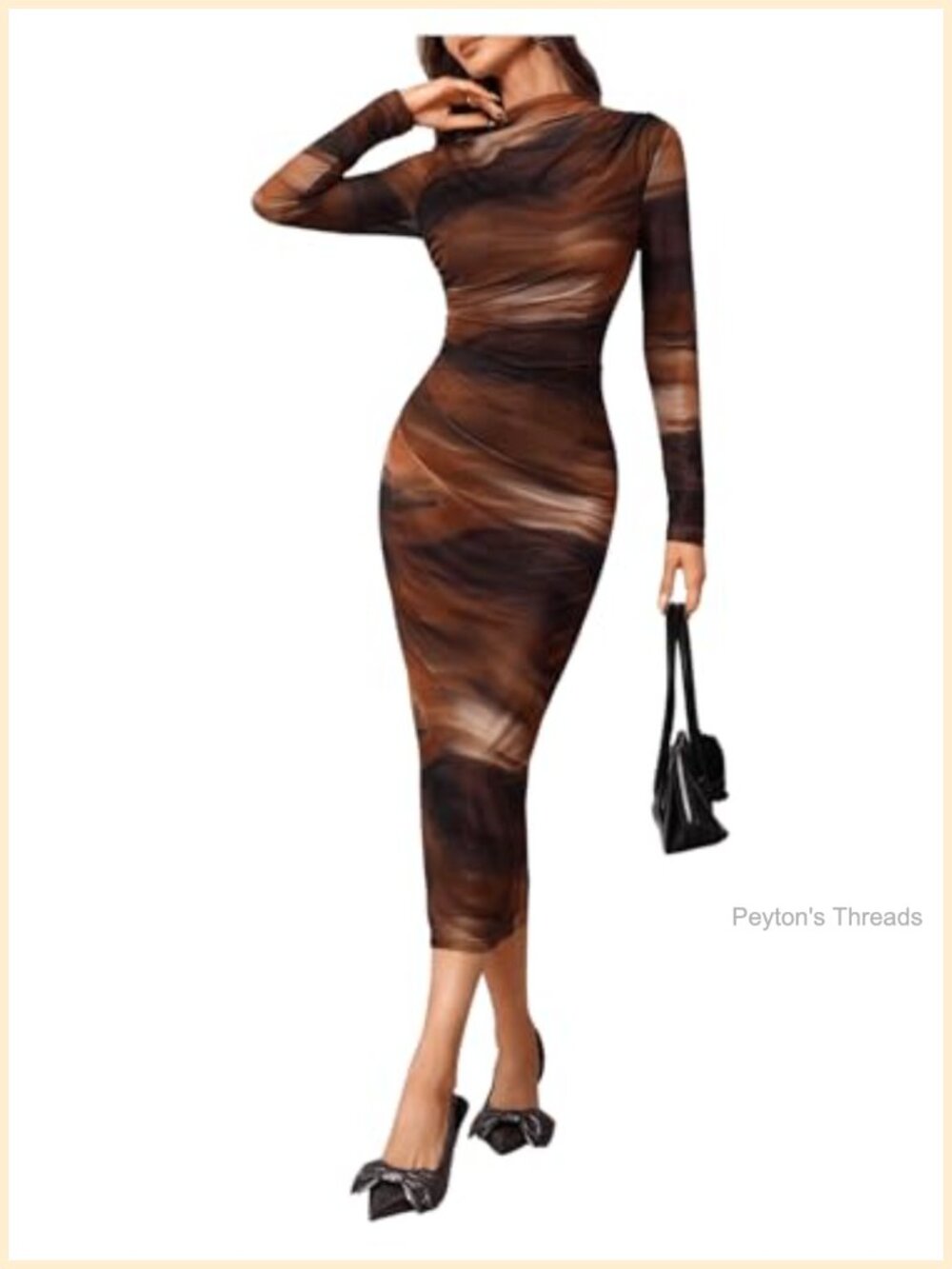 Women's Sheer Mesh Long Sleeve Ruched Mock Neck Bodycon Midi Dress